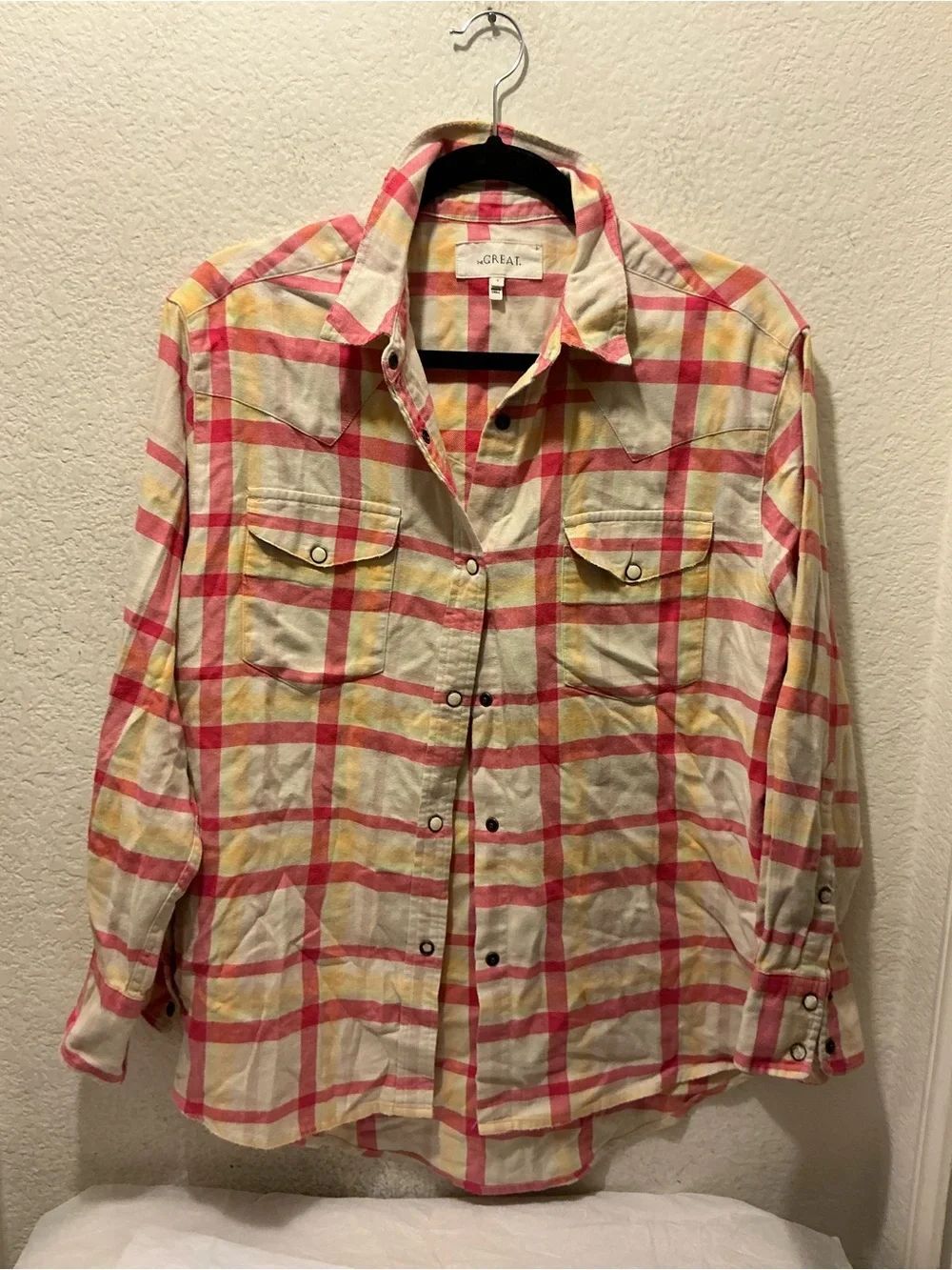THE GREAT. Pastel Pink, Yellow & Mint Plaid Shirt size 1